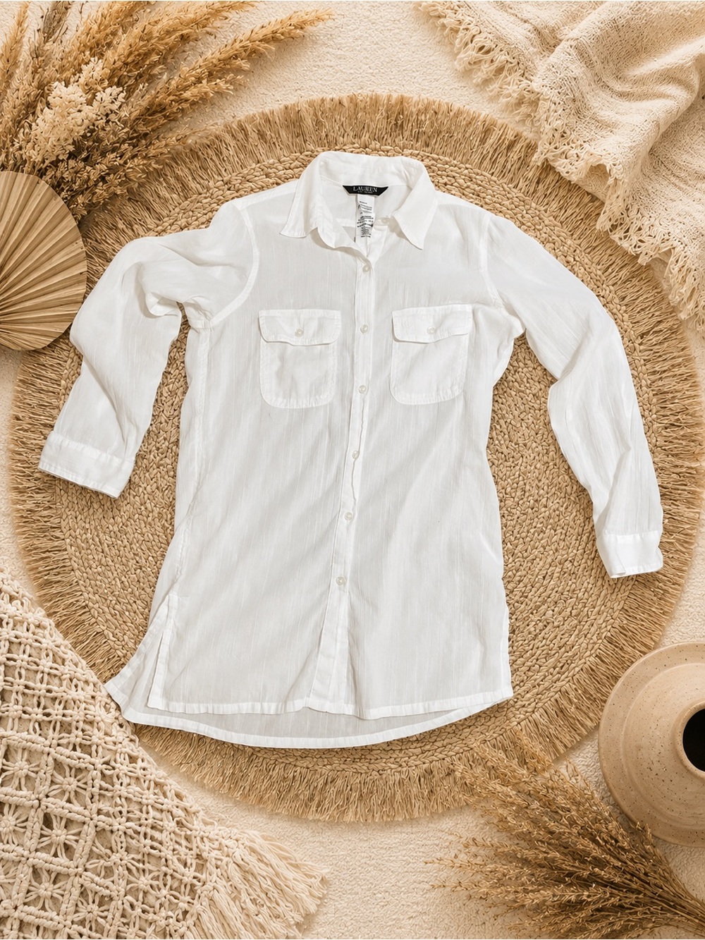 Lauren Ralph Lauren White Linen Blend Button-Up Shirt | Roll Tab Sleeve